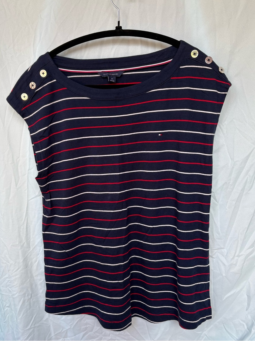 Tommy Hilfiger Navy Red and Cream Striped Button-Shoulder Tank